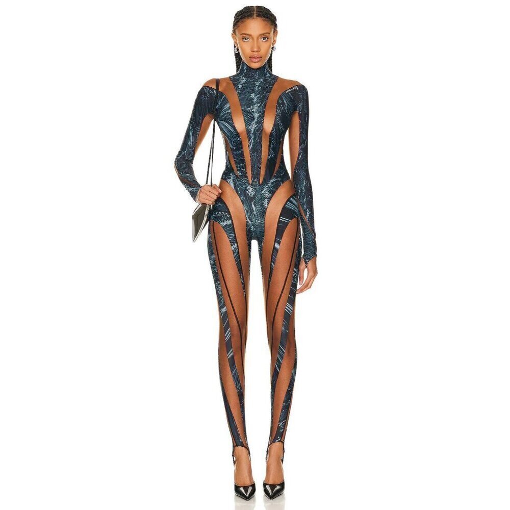 MUGLER Womens Long Sleeve Jumpsuit in Warped Snake Black Nude 34 New Catsuit